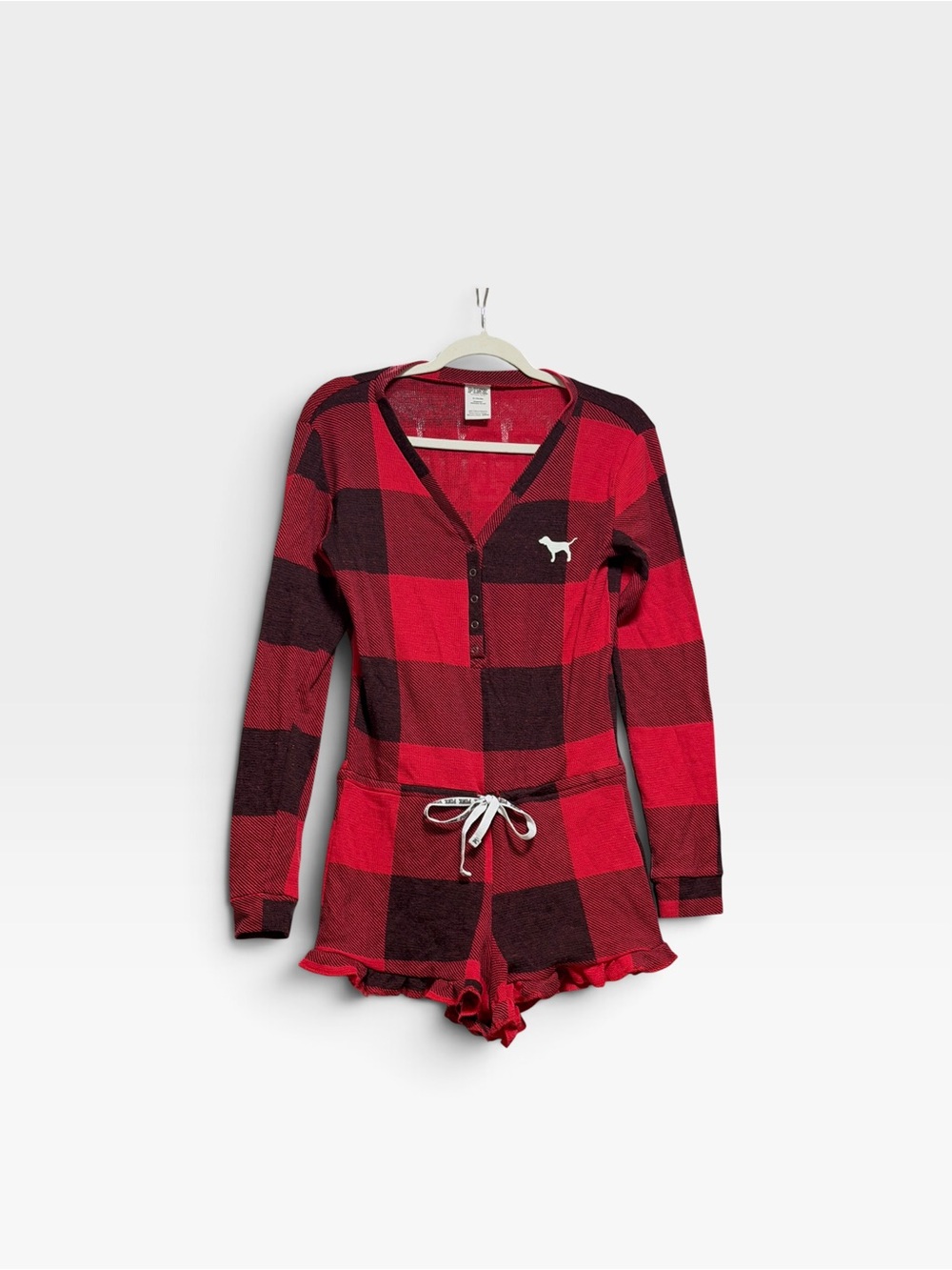 PINK Victoria's Secret Red and Black Buffalo Plaid Long-Sleeve Romper